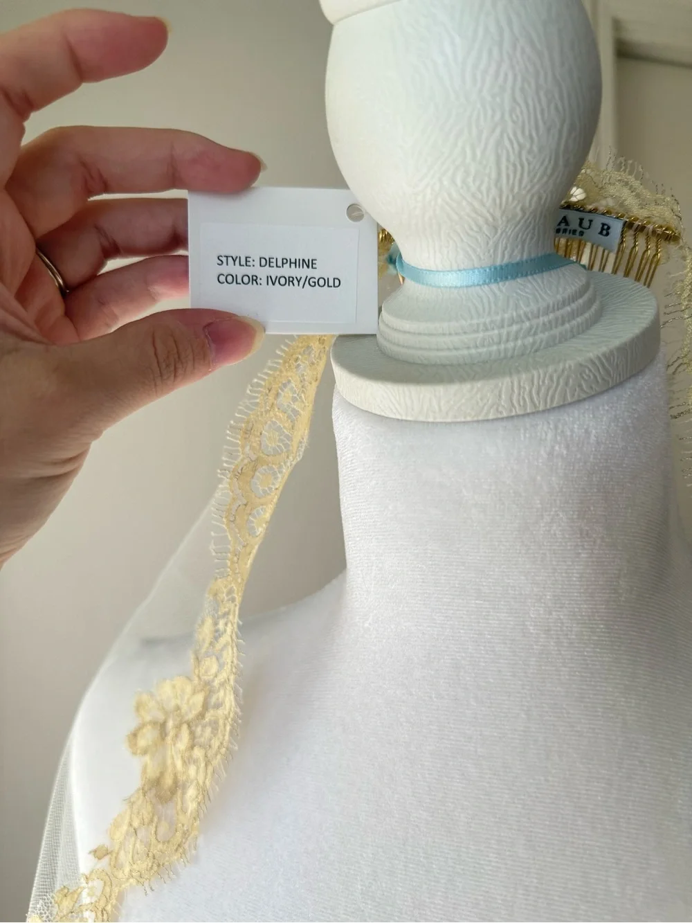 Ariel Taub Delphine Metallic Gold Chantilly Lace Mantilla Veil Chapel Length 90”